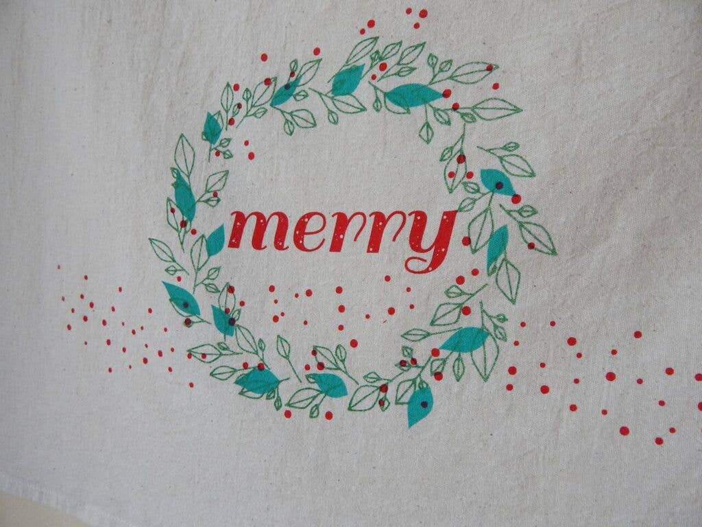 Handprinted Merry Holiday Kitchen  Towel