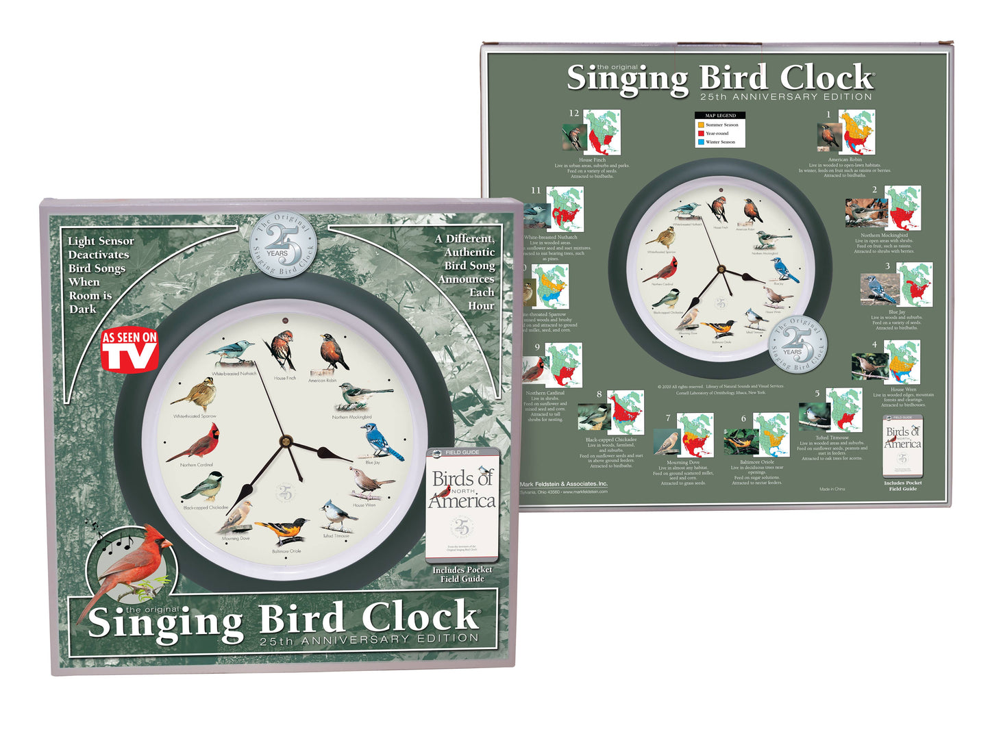 25th Anniversary Original Singing Bird Clock, 13 Inch, Green