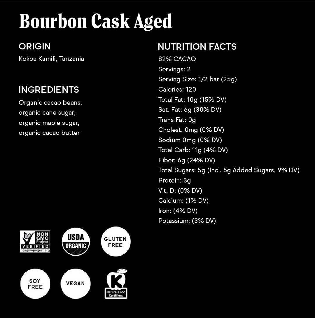 Bourbon Cask Aged Chocolate Bar, 82% Cacao