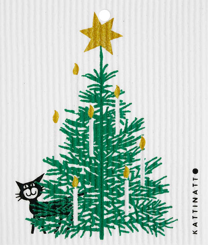 Swedish Wash Towel, Christmas Tree w/Cat