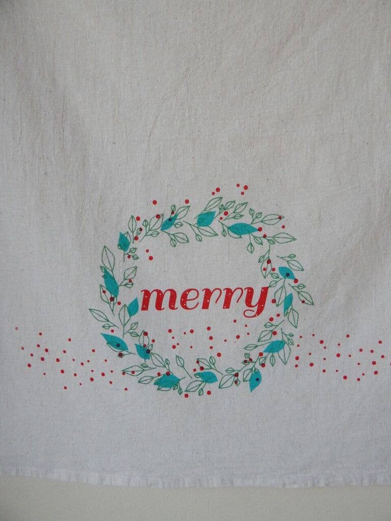 Handprinted Merry Holiday Kitchen  Towel