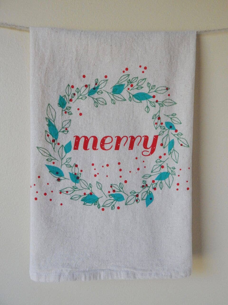 Handprinted Merry Holiday Kitchen  Towel